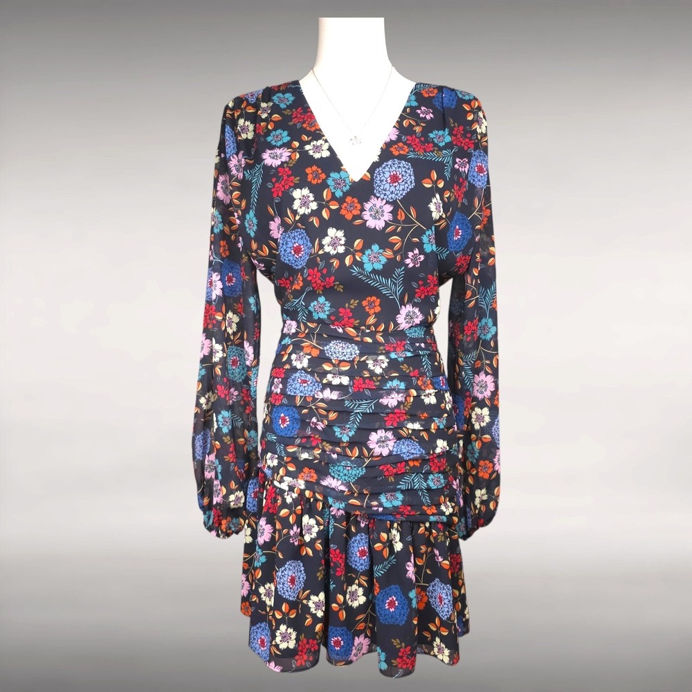 LINI Maggie Navy Floral Ruched Mini Cocktail Dress Sheer Long Sleeve Womens 0